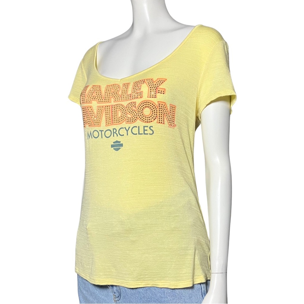 Harley Davidson Yellow Rhinestone Burnout T Shirt S/M Bedazzled McBling Trashy2K - Picture 2 of 9
